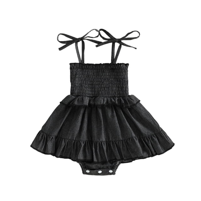 Niña Bebé Negro Vestido Zapatos Estilo Romper Color Sólido sin Mangas Traje en Capas con Arcos Ajustables Primavera Verano