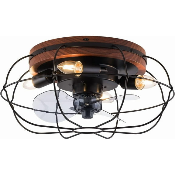 18 Inch Caged Ceiling Fans with Lights and Remote, Industrial Ceiling Fan with Light, Flush Mount Ceiling Fan for Kitchen Bedroom, Reversible Quiet Motor