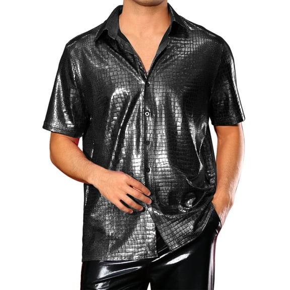INSPIRE CHIC Crocodile Pattern Shirt for Men's Button Down Short Sleeves Shiny Disco Metallic Shirts S Black
