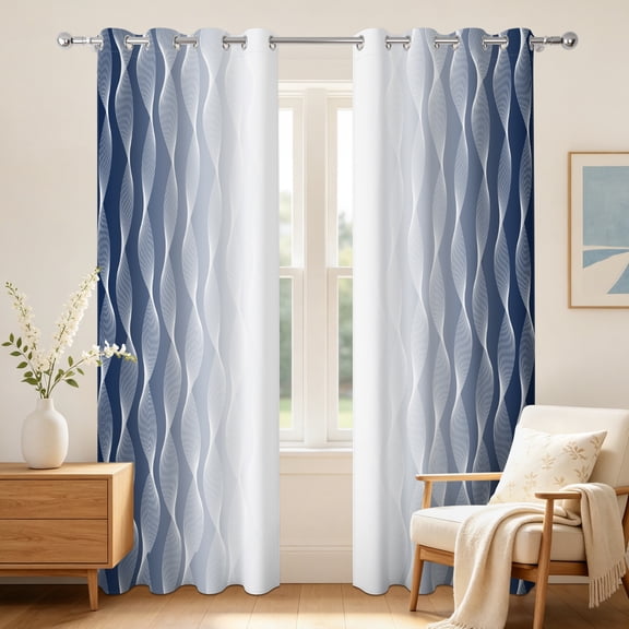 Ombre Navy Blue Wave Line Blackout Curtains,2 Panels,42x63 Inch,Grommet Top,Thermal Insulated
