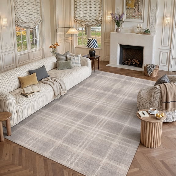 PureCozy 8'x10' Large Area Rugs for Living Room Bedroom Dining Room Farmhouse Office Plaid Non-Slip Washable Modern Geometirc Contemporary Gray Checkered Rugs Carpets, Gray