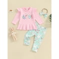 thumbnail image 2 of Suealasg Toddler Baby Girls Easter Clothes 6M 1T 2T 3T Long Sleeve Letter Print T-shirt +Bunny Print Flare Pants+ Headband Kids Girls Spring Casual 3Pcs Outfit Sets, 2 of 9