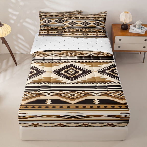 Homewish Aztec Geometric Rhombus Zipper Twin Comforter Sets with Fitted Sheet and 2 Pillowcases,Vintage Brown Boho Zipper Bedding Set,Reversible,4pcs