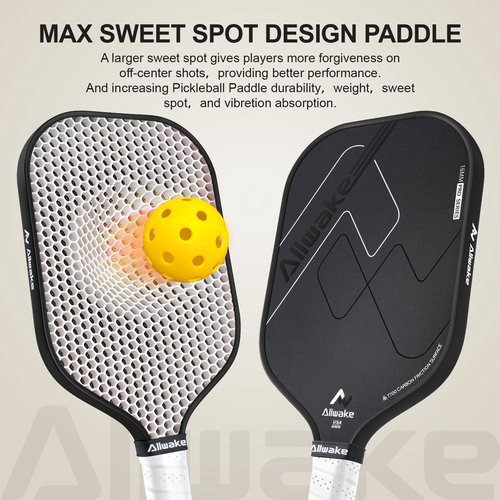 Allwake Pickleball Paddles, Multi-Layer T700 Textured Carbon Fiber Pickleball Paddle, USAPA Approved Pickle Ball Paddle, Strong Power and Spin Surface