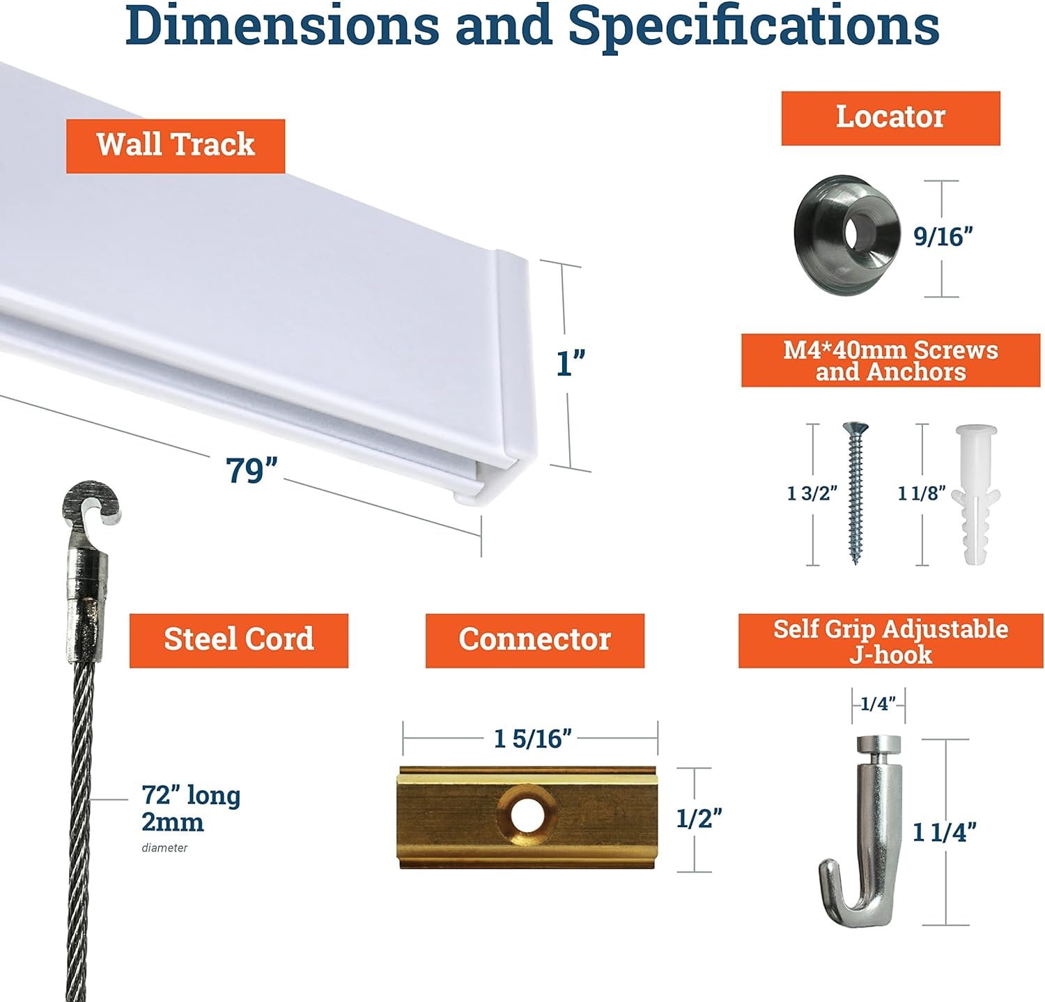 Picture Hang Solutions - Track 100 Picture Rail Kit - Includes 79-inch Wall Track, Steel Cords, Adjustable Hooks, and Hardware - Gallery Hanging Systems (1 set per pack)
