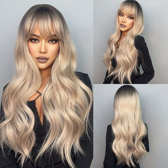 Long Wavy Natural Ombre Synthetic Wigs With Bangs for Women Daily Cosplay Heat Resistant Wigs A6