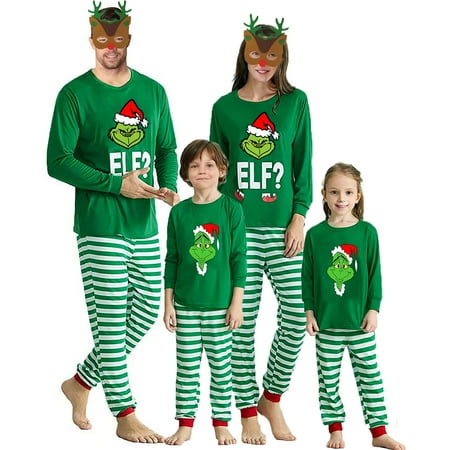

Pudcoco Christmas Parent-child Pajamas Set Cartoon Print Long Sleeve Round Neck T-shirt Tops Striped Jumpsuit/Color Block Pants