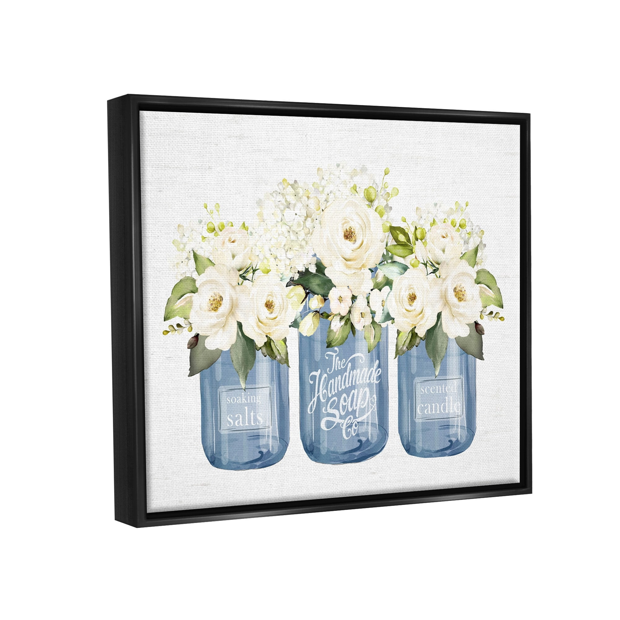Stupell Industries White Rose Flower Bouquets Blue Farmhouse Jars Graphic Art Jet Black Floating Framed Canvas Print Wall Art, Design by Lettered and Lined