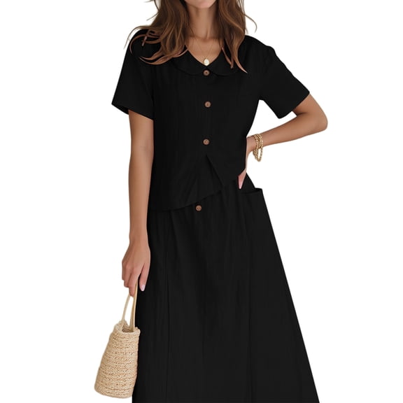 Jaimenalin Summer Skirt Set Women 2 Piece Outfits Short Sleeve Top Elastic Waist Maxi Dress Sets with Pockets
