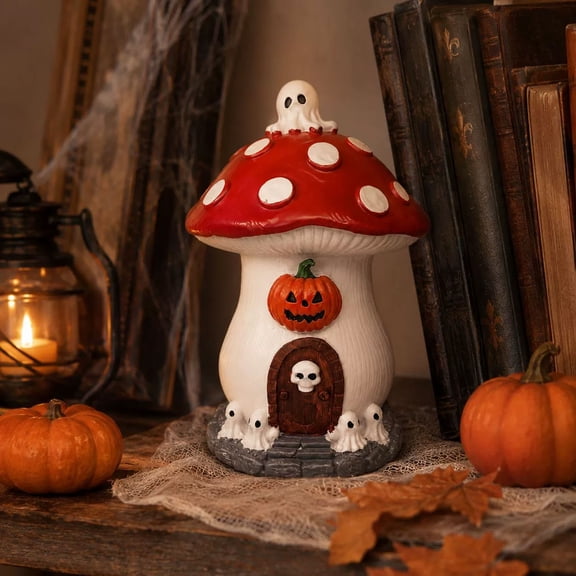 Halloween Ghost Pumpkin Cottage Statue,Resin Spooky Haunted House Ornament,Gothic Mushroom House Desktop Decor,Indoor Outdoor Shelf Window Tabletop Decoration,Halloween Gift for Home Decor Lovers