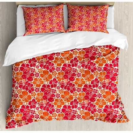Hibiscus Duvet Cover Set King Size, Hawaiian Flora Pattern Blooming Ornamentation Grunge Petal Silhouettes, 3 Piece Bedding Set with 2 Pillow Shams, Vermilion Orange Ivory, by Ambesonne
