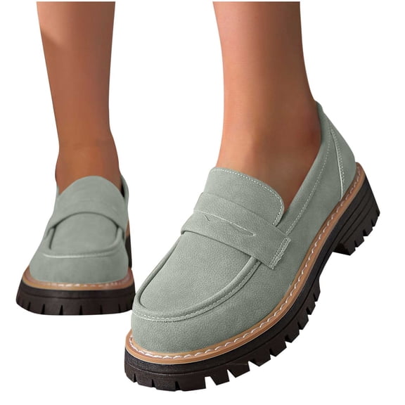Purcolt Womens PU Leather Loafers Business Casual Round Toe Penny Loafers Dressy Soft Chunky Block Heel Slip On Anti Slip Dailywear Shoes