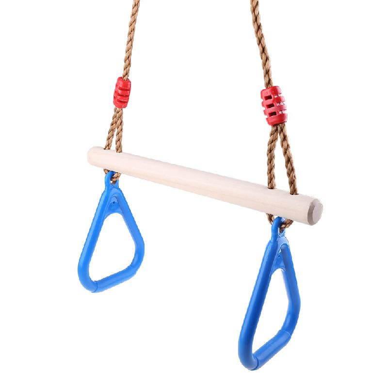 Kids Adult Indoor Outdoor Wooden Trapeze Swing Bar with Plastic Rings