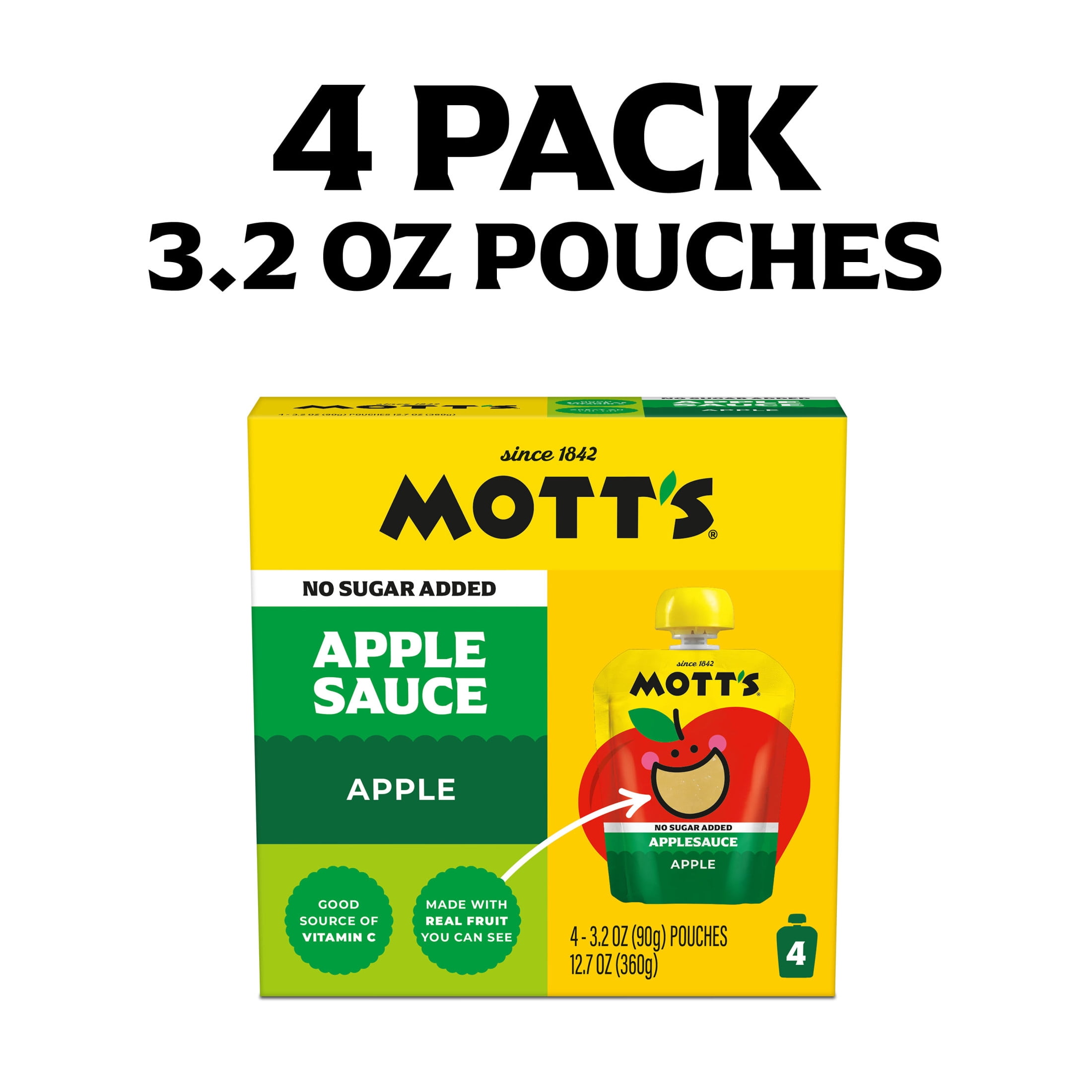 Mott's No Sugar Added Applesauce, 3.2 oz, 4 Count Clear Pouches