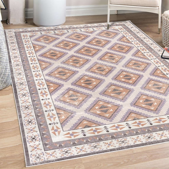 Geometric Decorative Rug, Ethnic Rustic Zigzagged Squares Folkloric Forms Shapes Modern Influences, Quality Carpet for Bedroom Dorm and Living Room, 6 Sizes, Purple Grey Salmon, by Ambesonne