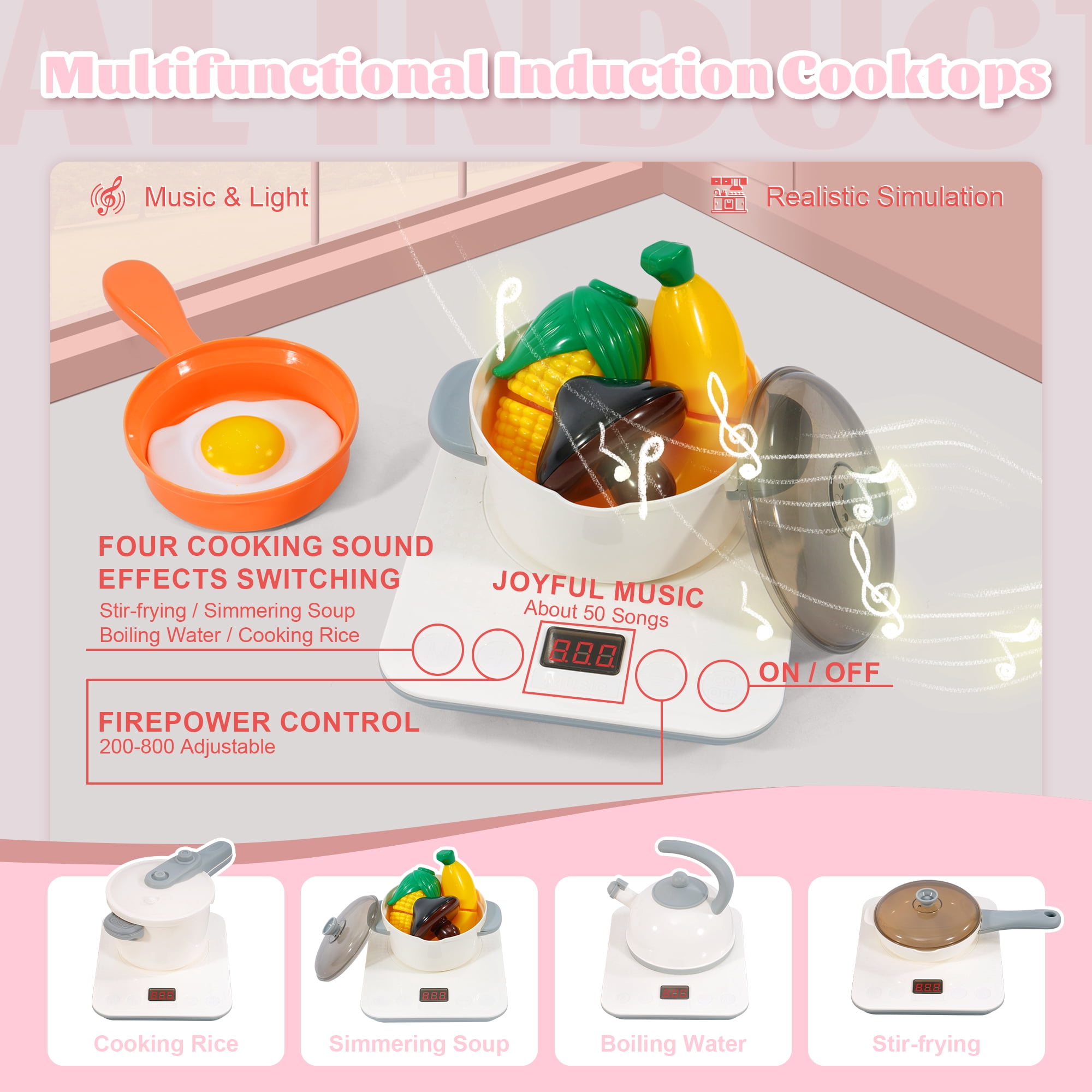 Signature Fitness 49-Piece Toddler Kitchen Playset，Pretend Food，with Stove, Sink, and Accessories, Interactive Lights & Sounds, Ideal for Ages 3+