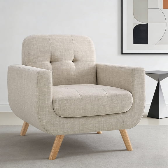 Shengchao Trade Accent Chair, Comfy Upholstered Armchair with Solid Wood Legs, Linen Fabric Modern High Back Chair for Living Room Chairs, Accent Reading Chairs Single Sofa Chairs, Beige