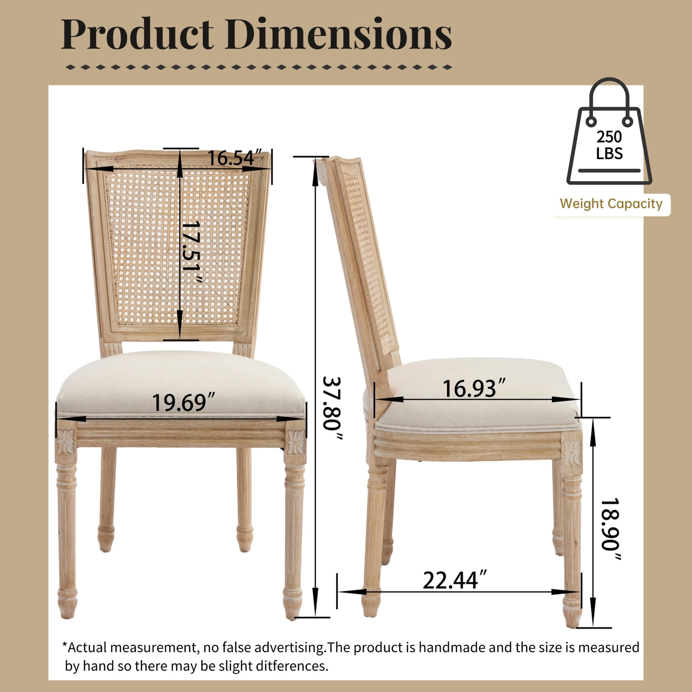 Noble House French Country Dining Chairs with Natural Rattan Back and Carved Wood Legs, for Living Room, Beige, Set of 2