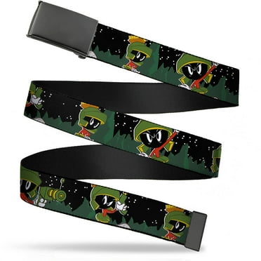 Looney Tunes Belt, Flip Web Belt Marvin the Martian 4 Poses Mars Landscape Black White Greens, 1.25 Inch Wide, Fits up to Size 42