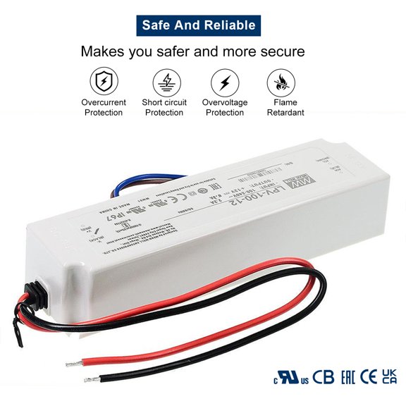 102W 12V IP67 Single Output Switching Power Supply, MEAN WELL LPV-100-12