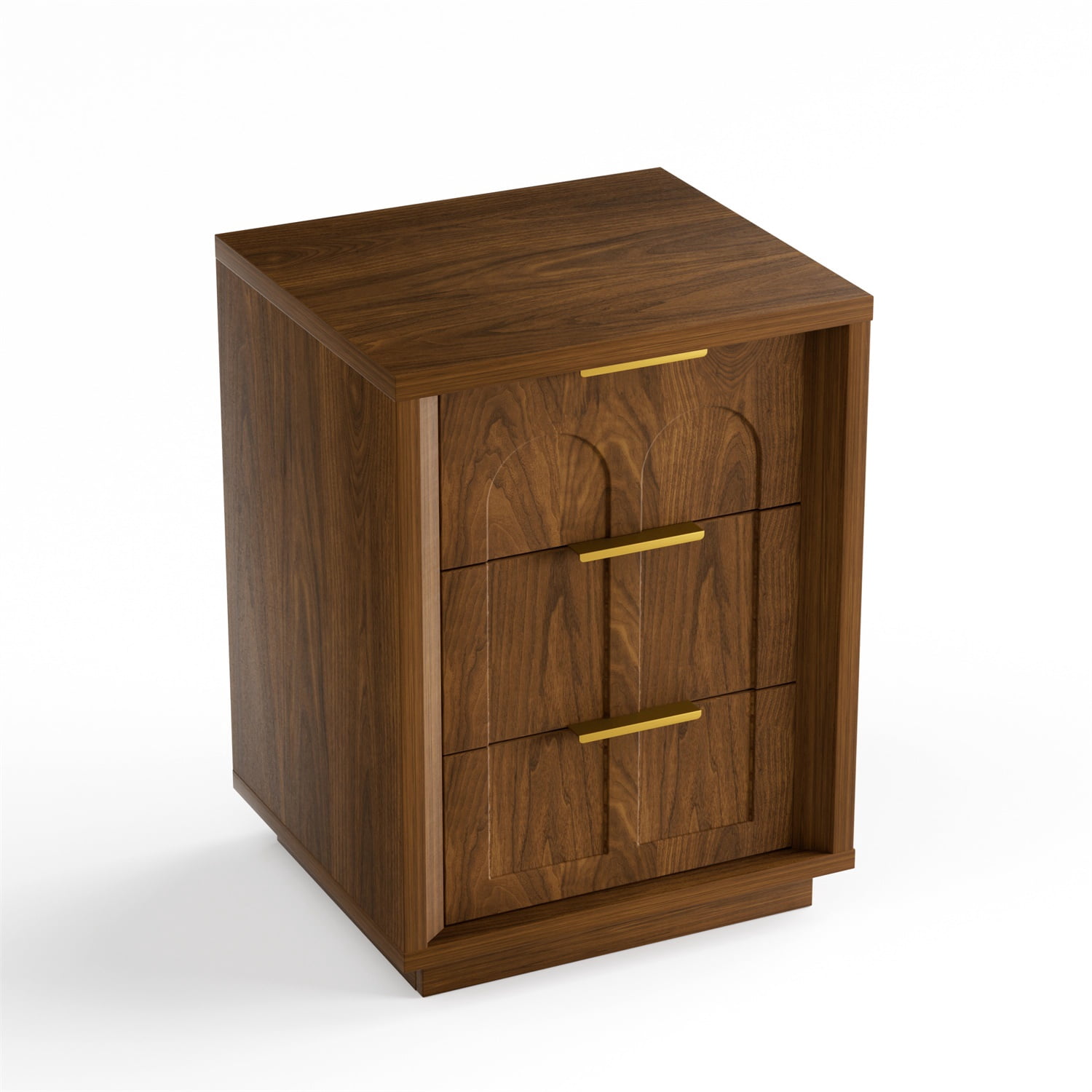 Hommoo 2-Piece Nightstand Set with Arched Drawer Fronts, 3-Drawer Mid-Century Modern Side Tables for Bedroom, Living Room & Office, MDF Construction with Gold-Tone Metal Handles, Walnut