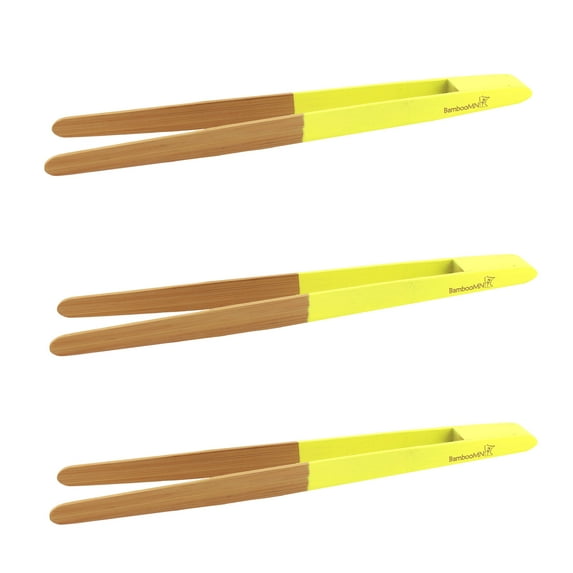 BambooMN Premium 7.9" Reusable Bamboo Kitchen "A" Toast Tongs For Cooking & Holding - Yellow - 100 Pieces