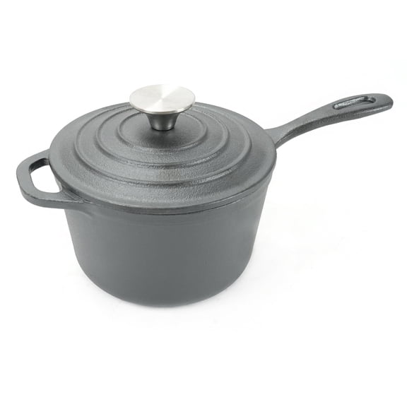 HAWOK Pre-seasoned Cast Iron Mini Saucepan, Dia.5.5", 1QT Saucepan with Lid and Long Handle, Black