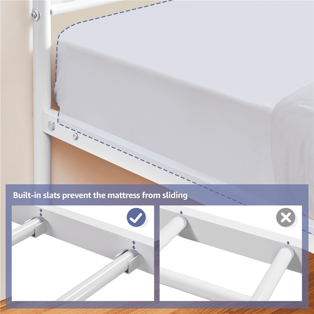 Fullfurnique Minimalist Metal Platform Bed with Arrow Design Headboard for Adult, Queen, White