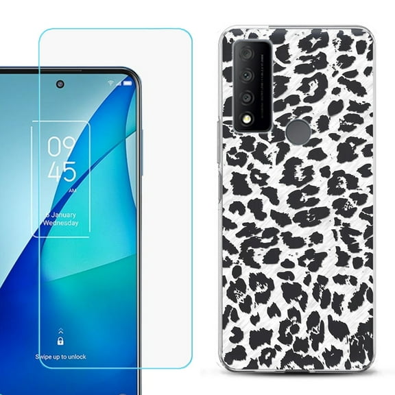 Slim-Fit Gel TPU Phone Case for TCL 4X 5G, with Tempered Glass Screen Protector, by OneToughShield ® - Cheetah B/W