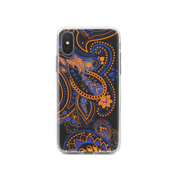 DistinctInk Clear Shockproof Hybrid Case for iPhone XS Max (6.5" Screen) - TPU Bumper, Acrylic Back, Tempered Glass Screen Protector - Orange and Blue Paisley