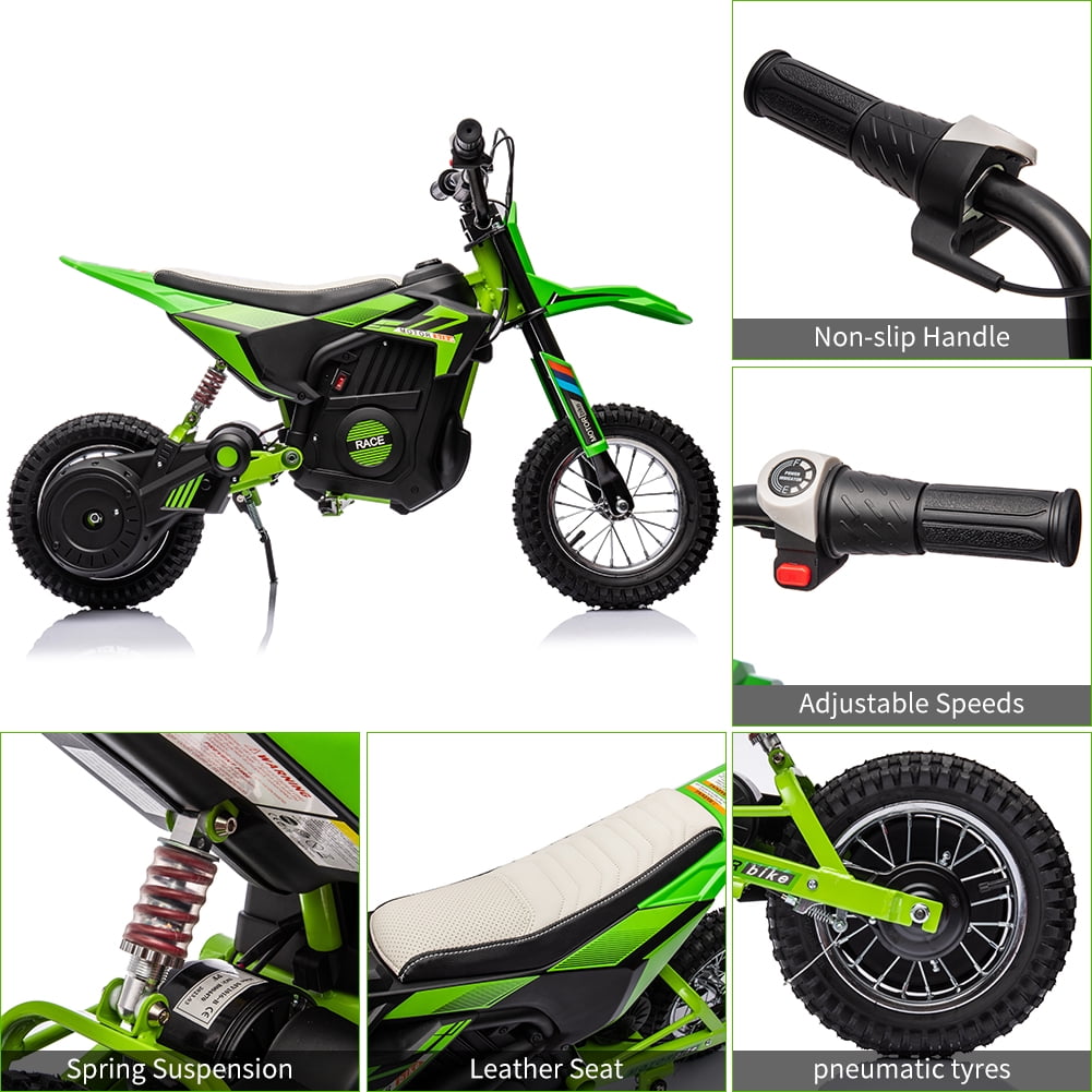 Kicctian 24V Kids Electric Dirt Bike, 250W Motor Off-Road Motorcycle with Metal Suspension, Leather Seat, Air-Filled Tires, Twist Throttle, for Ages 8-12, Green