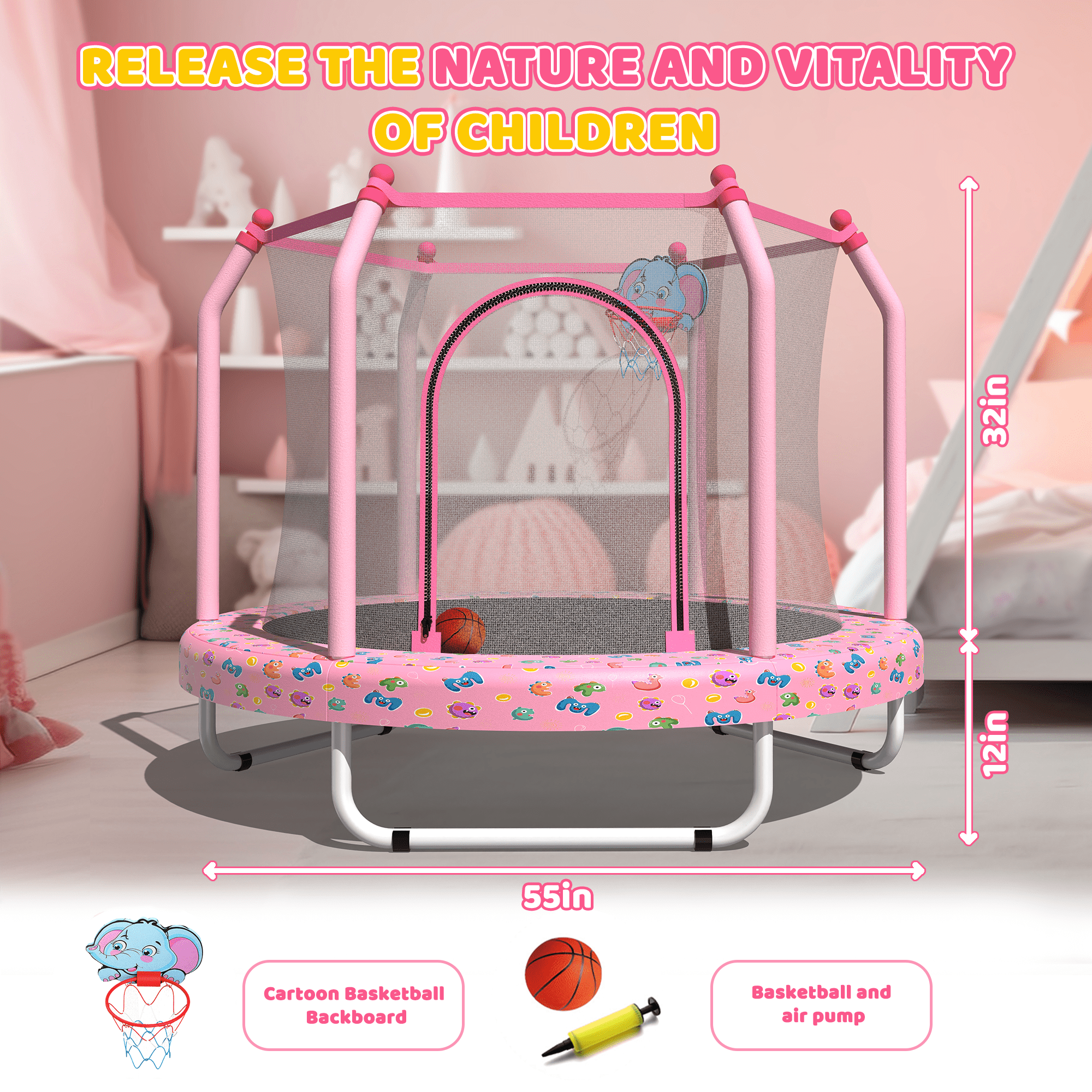 Leumius 55" Trampoline for Kids with Enclosure,Indoor & Outdoor Trampoline with Basketball Hoop for Boys & Girls,Pink