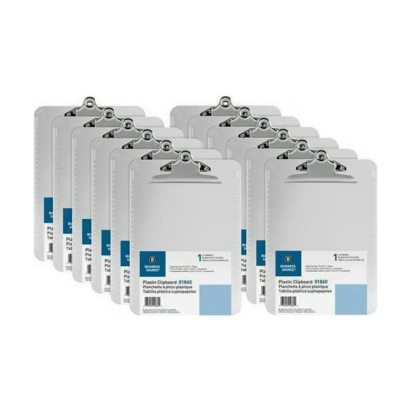 Business Source Spring Clip Plastic Clipboard - Spring Clip - Plastic - Clear - 12 / Box  BSN01860BX