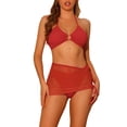 thumbnail image 1 of Conjuntos de bikini de anillo con halter para mujeres, traje de baño de 3 piezas con falda de malla con cordón, rojo medio, 1 of 5