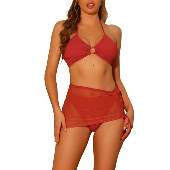 INSPIRE CHIC Women's Halter Ring Textured Bikini Sets, 3 Piece Solid Color Cover Up Mesh Skirt