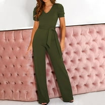 Summer Jumpsuits For Women Trendy Waist Up Short Sleeved Jumpsuit With V Neck Wide Leg Pants One Piece Outfits Army Green M