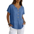 thumbnail image 3 of Women's Casual Short Sleeve V-Neck Button-Down Top - Loose Fit Linen-Blend Blouse for Summer, Everyday Wear & Vacation Sky Blue S, 3 of 7