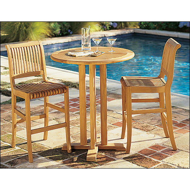 Teak Wood 3 Piece Bar Set, Round High Top Table And Chairs Outdoor
