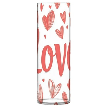 Love and Red Doodle Hearts Plastic Cylinder Vase Translucent Flower Vase Storage Bottle Home Decor for Wedding Party 12 inch Tall
