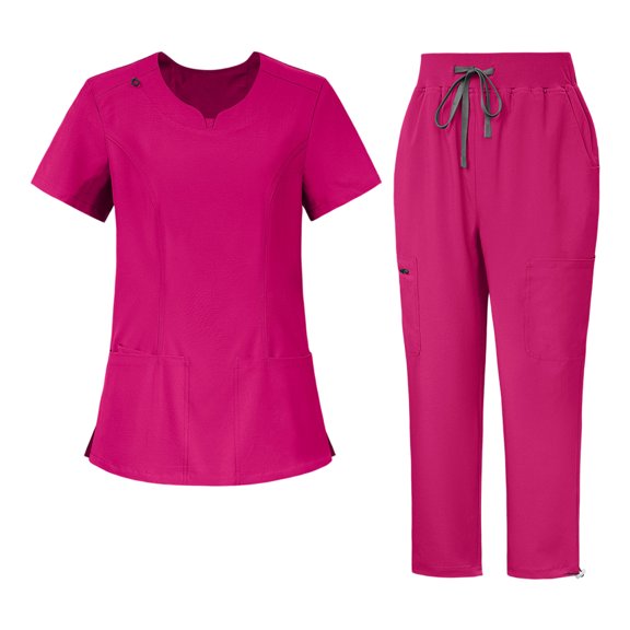 JULMCOMO Scrubs for Women Set Notch Neck Solid Casual Medical Work Nurse Scrubs Short Sleeve Hospital Easy Care Uniforms with Multi Pockets Hot Pink 2XL
