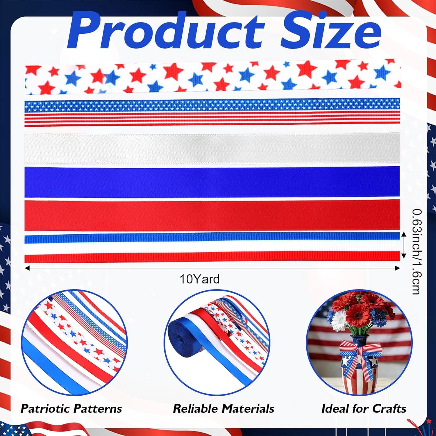 Patriotic Ribbon 4th of July 6 Rolls 60 Yards Red White and Blue Satin Ribbons 3/8 Inch Stars Stripes Grosgrain for Gift Wrapping Memorial Day Crafts Bouquet Hair Bows Making