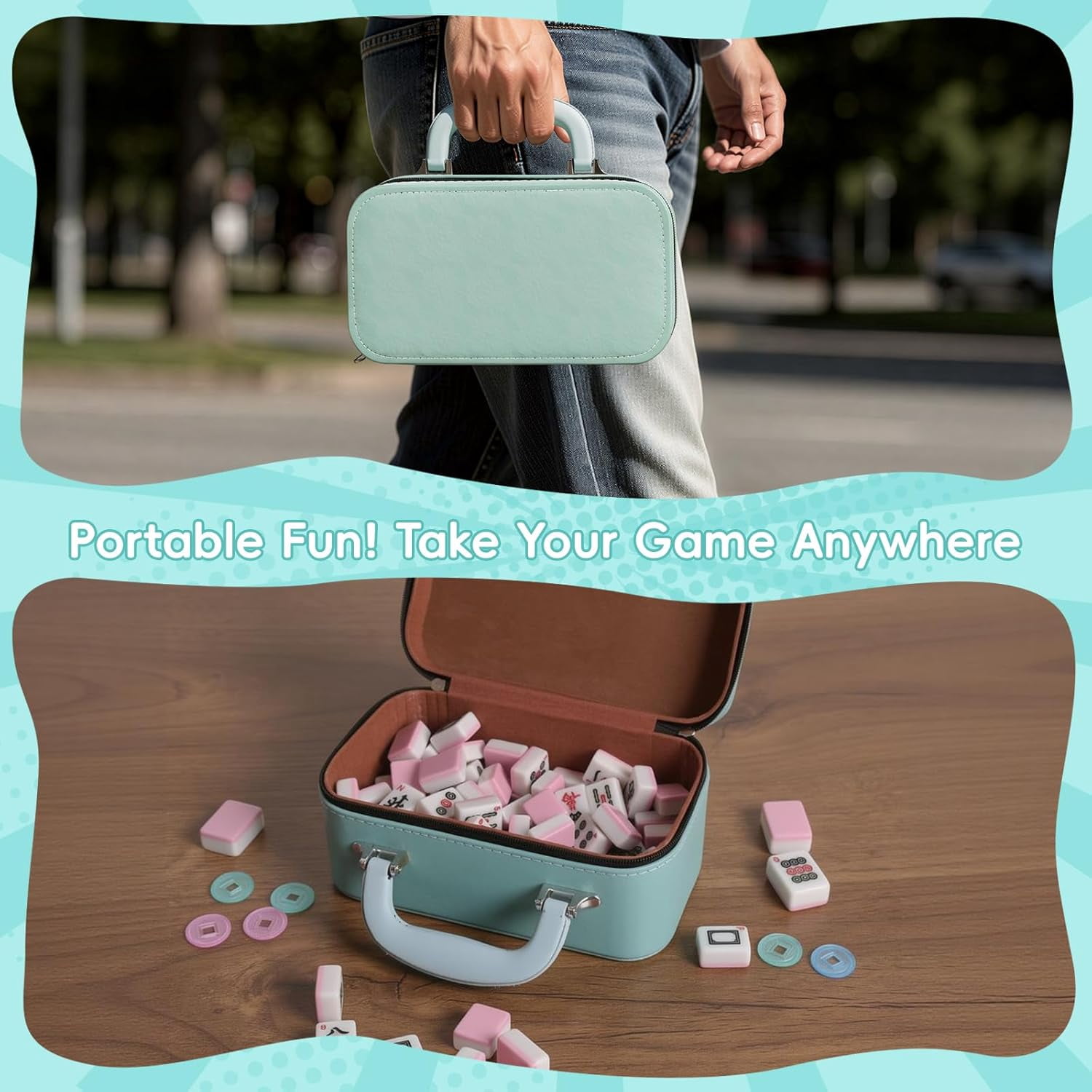 166-Tile Travel Mahjong Set 1.2 Inch with Storage Box, Dice, Chips, Instructions – Portable