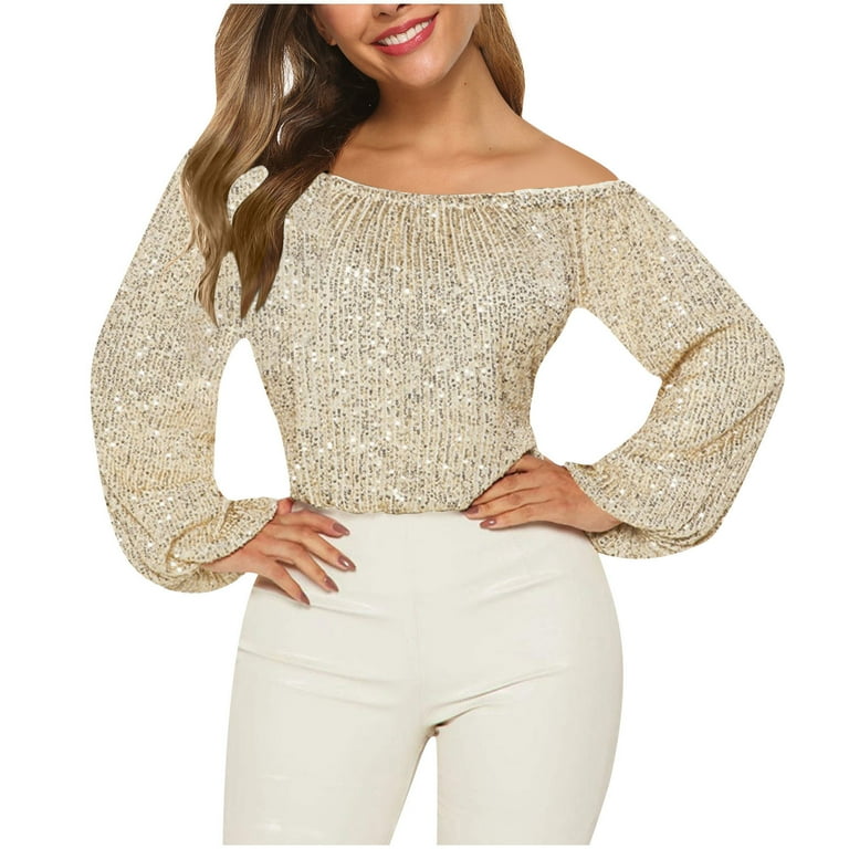 Women's Off Shoulder Sequin Tops Sparkly Glitter Long Sleeve