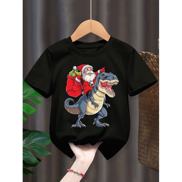 Boys' Dinosaur & Santa Claus Print Casual T-Shirt - 100% Cotton Crew Neck Summer Tee with Applique Detail - Regular Fit Short Sleeve Top for Kids - Christmas Pattern Knit Fabric Shirt for Childre