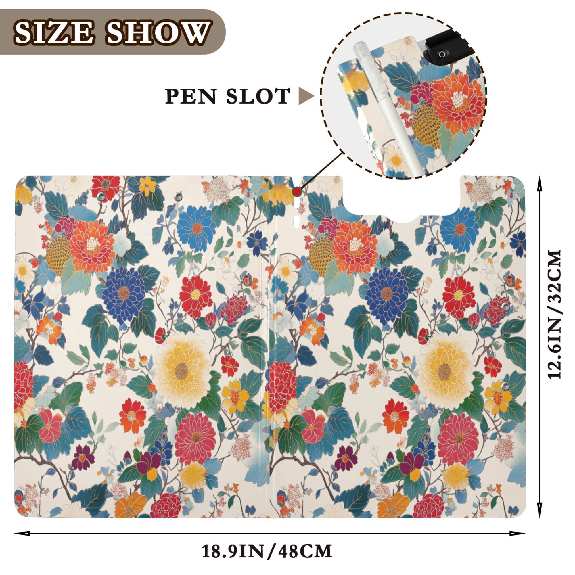 FORMRS A4 Clipboard Folder with Pen Holder Horizontal Foldable School Office Binder, Red Japanese Floral Pattern
