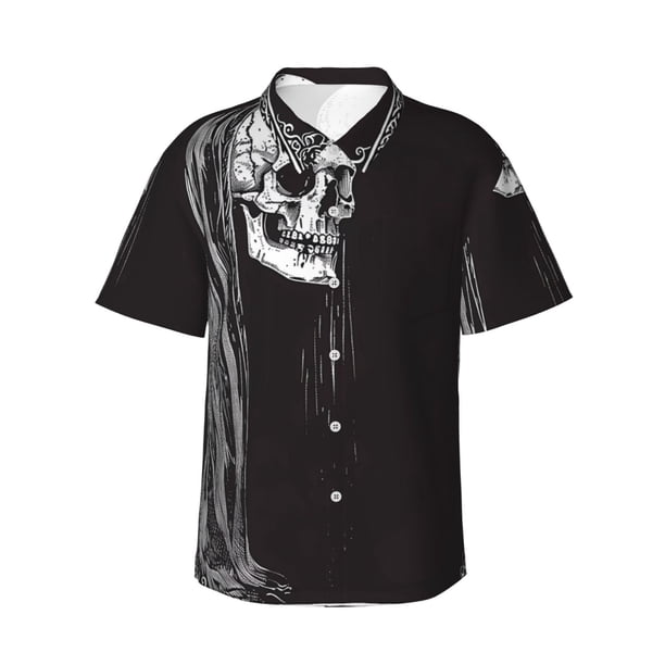 Balery Gothic Skull Drape Camisas hawaianas de manga corta para hombre, camisas playeras de corte holgado, camisas de vacaciones con botones,Large