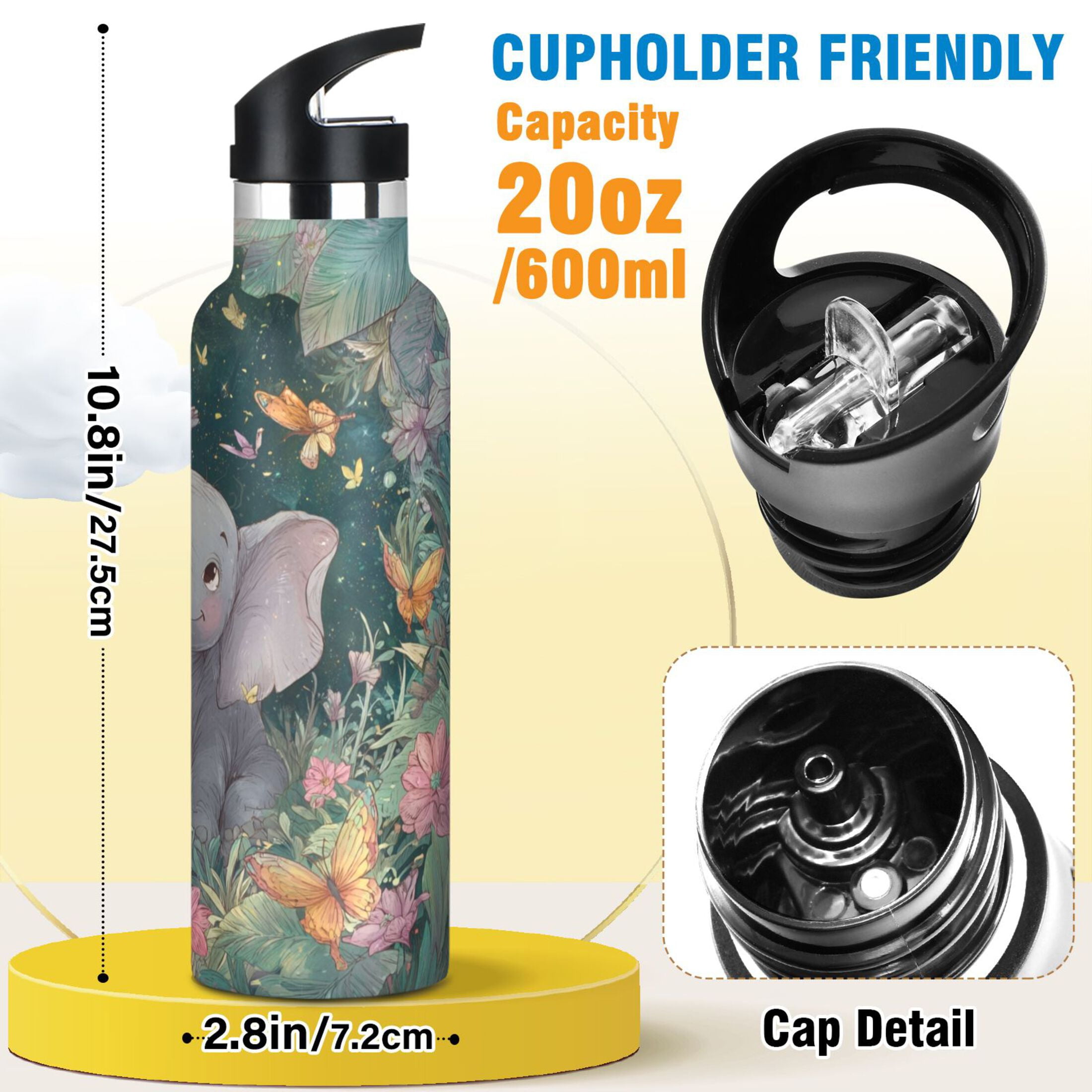 Kids Insulated Stainless Steel Sports Water Bottle 600ml (20oz) Cute Elephant
