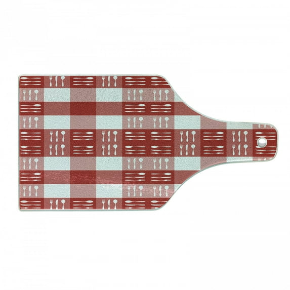 Checkered Cutting Board, Cutlery Silhouettes on Squares Dining Picnic Tile Spoons Forks Dinner, Tempered Glass Cutting and Serving Board, Wine Bottle Shape, Coral Dark Coral White, by Ambesonne