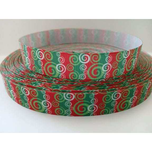Grosgrain Ribbon Printed Christmas Swirls Red Green White, 3 Yards 5/8 Inch Wide