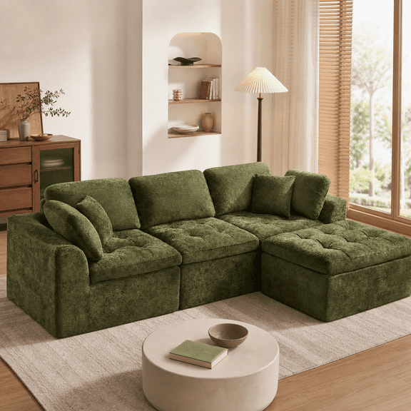 110 Inch Cloud Modular Sectional Sofa with Movable Ottoman, Green Chenille L-Shaped Deep Seat Couch, 4-Seat Foam Sofa for Living Room